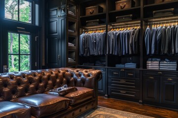 Luxury wardrobe in dark wood, featuring a leather sofa. Clothes are hanging neatly in a well-organized closet, with drawers below for storage. A stylish, high-end dressing room. Generative AI