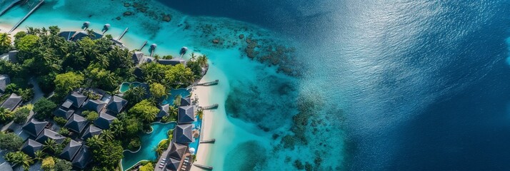 Fototapeta premium Aerial view of Maldives resort with overwater bungalows and turquoise lagoon. Ideal for tropical travel and luxury vacation content.