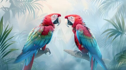 Two parrots are perched on a branch in a lush green forest