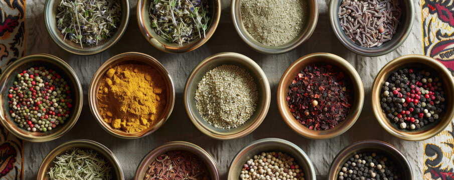An array of whole and ground spices in small bowls, artistically placed on a rustic tablecloth.