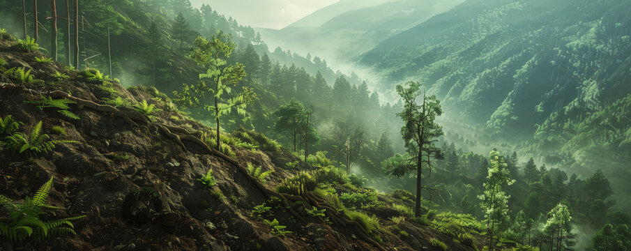 A serene depiction of afforestation in a mountainous region. Volunteers plant trees on steep slopes, transforming a barren mountainside into a lush forest, emphasizing the challenges and rewards of