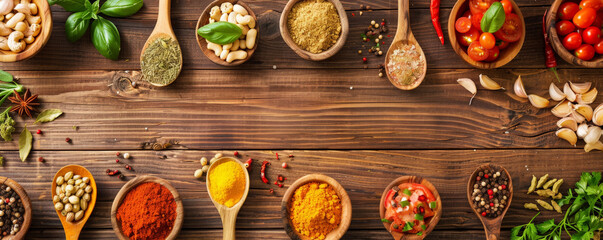 An array of spices and fresh ingredients on wooden spoons, spread across a wooden cooking table, highlighting the diversity of culinary elements.