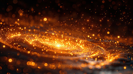 Naklejka premium Bright orange particles form a mesmerizing wave in a dark, abstract scene, creating a dynamic and vibrant visual effect. 