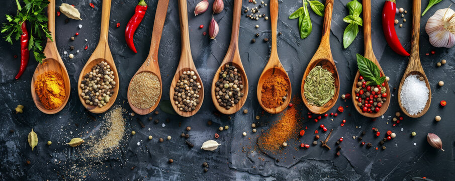 Top view of various spices and ingredients on wooden spoons, elegantly displayed on a cooking table, highlighting their culinary appeal.