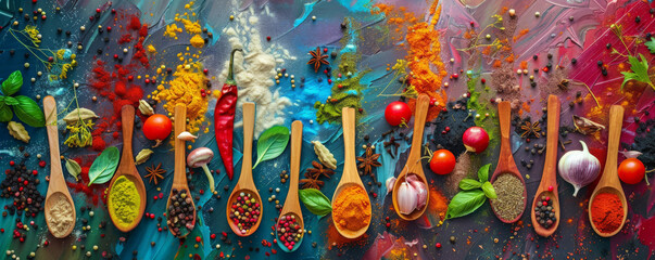 Obraz premium Top view of a variety of spices and ingredients on wooden spoons, artistically displayed on a cooking table, showcasing vibrant colors and textures.