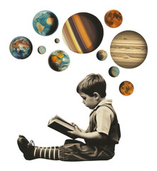 Fototapeta premium Collage of kid reading a book planet child space.