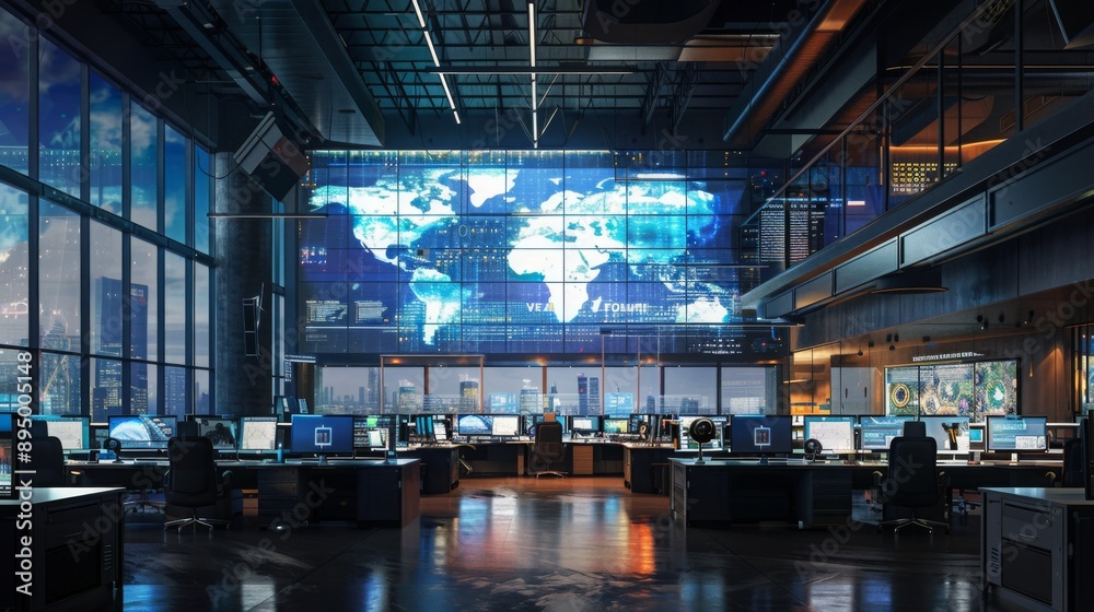 Poster A large control room with rows of workstations overlooks a cityscape at night. A large screen displays a world map with digital overlays.