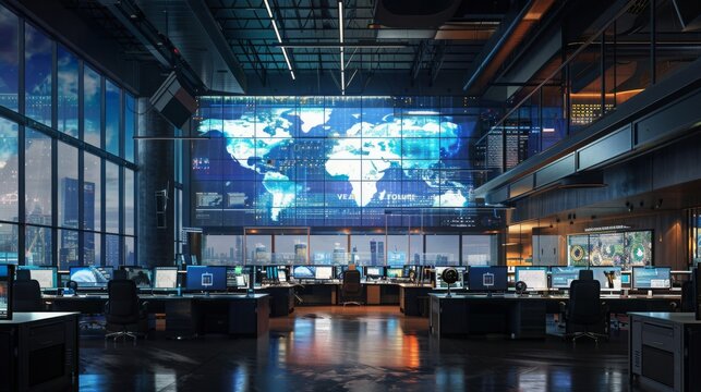 A large control room with rows of workstations overlooks a cityscape at night. A large screen displays a world map with digital overlays.