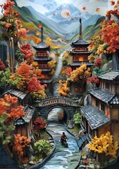 Fototapeta premium A miniature Japanese village with a river running through it