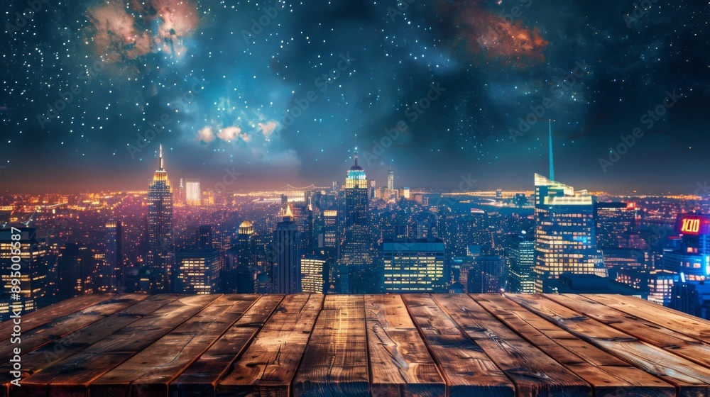 Aufkleber a nighttime view of a city skyline with twinkling lights and a starry sky. a wooden platform is in t