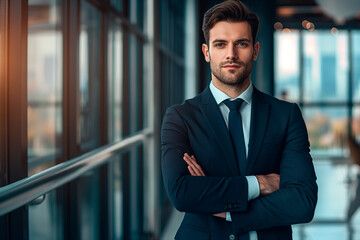 Fototapeta premium male businessman in a black suit against the background of the office