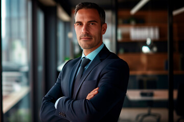 Fototapeta premium male businessman in a black suit against the background of the office
