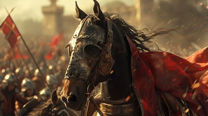 Naklejka premium A powerful war horse adorned in armor charges through a battlefield, embodying strength and resilience amidst chaos.