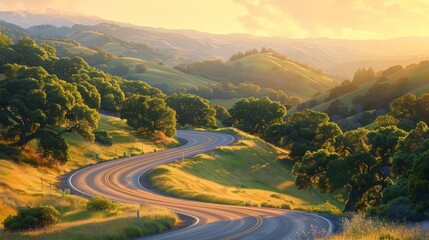 Fototapeta premium A serene winding road surrounded by lush greenery and mountains under a golden sunset, offering a picturesque view of nature.