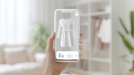 A person is holding a phone and looking at a dress displayed on the screen