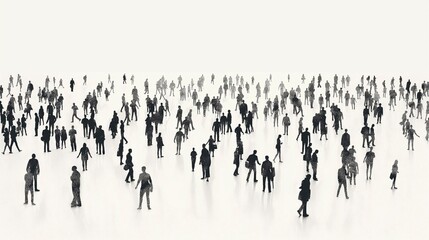 black and white illustration of a sparse crowd of tiny business people standing or walking in various poses. no background. full shot. wide angle.