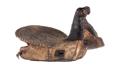 Fototapeta premium old wooden horse saddle isolated on white background