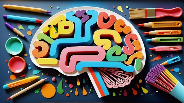 Cerebro de maderas de colores, estructuras alin&eacute;ales, rodeado de brochas de colores, denota la creatividad, el arte y la neurolog&iacute;a