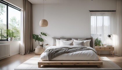 A minimalist bedroom that champions solitude and rest. A platform bed, with its understated design, is dressed in organic cotton linens in shades of gray and white.