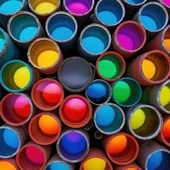 Fototapeta premium Fotografia con muchos vasos de colores, pinturas, colorido, creativo. Util para la teoría del color. Fondo de pantalla. 
