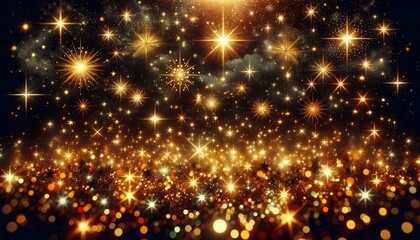 New Year and Christmas golden glitter lights on black background