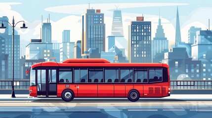 Illustration of a red bus on a city asphalt road or street, buildings in the background. Public transportation vehicle in urban town traffic, tourist transit ride