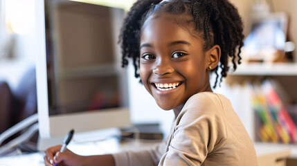 Cute little black school girl writing a homework in front of her computer, smiling toward the camera. 