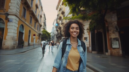 Fototapeta premium Portrait of smiling young multiethnic woman with back pack moving freely in city streets. Mixed race girl traveling in city during vacation. Latin carefree student going to university lesson.