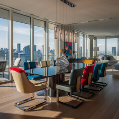 Modern luxury penthouse with designer dining chairs in an urban center featuring vibrant accents.
