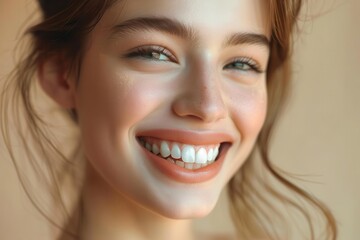 A close-up portrait of a beautiful woman with a bright, genuine smile. Her eyes sparkle with joy, and her skin glows with health.