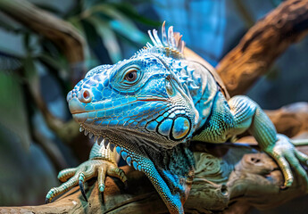 Fototapeta premium The green iguana is also known as a large arboreal lizard of iguana genus resting on branch with his paw dangling. Selective focus. Cloce up. Generative AI