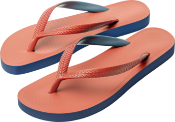 A pair of red and blue flip flops, isolated on a white background. The flip flops are made of rubber and have a textured sole.