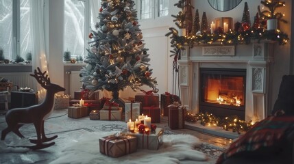 Festive Christmas decor with tree fireplace deer lights gifts at home