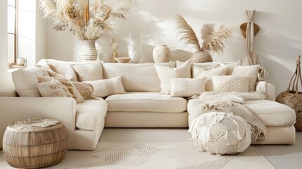 Bohemian living room with beige sofa, textured pillows, and natural decor elements. Perfect for cozy, stylish home interiors.