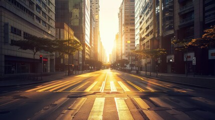 Empty city street at sunrise with modern buildings and golden sunlight reflecting off glass windows, creating a serene urban atmosphere.