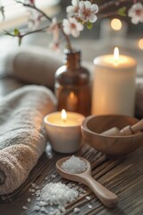 Warm and inviting spa setting with lit candles, bath salts in a wooden spoon, and soft towels for relaxation.