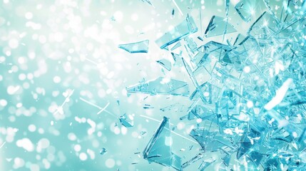 Shattered blue glass pieces scattered and suspended in mid-air against a soft gradient background. Abstract and fragmented concept.