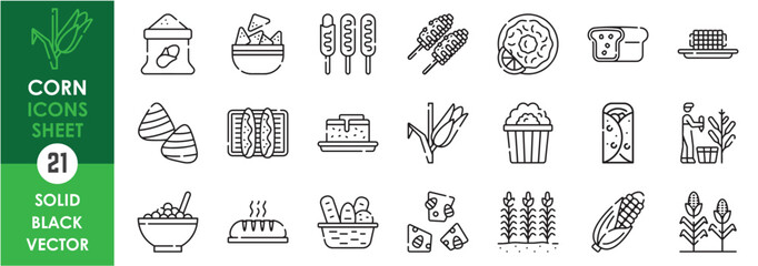 A set of line icons related to corn. Corn, maize, sweet, leaf, cereal, seed, popcorn, harvest, agriculture, cake, bread, and so on. Vector outline icons set.