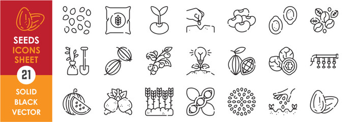 A set of line icons related to Seed. Seed, walnut, pumpkin, seeding, sow, sprout, cocoa, beans, wheat, watermelon and so on. Vector outline icons set.