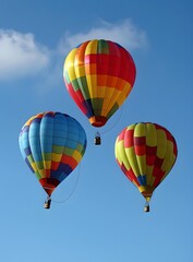 Naklejka premium Three Colorful Hot Air Balloons Flying in Blue Sky