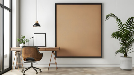 Modern Home Office Mockup with Large Cork Board and Contemporary Desk.