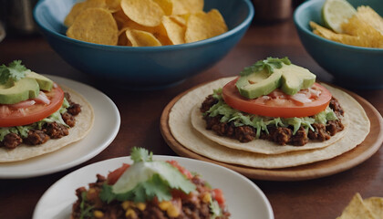 tostadas with ground beef, avocado, lettuce, and tomato