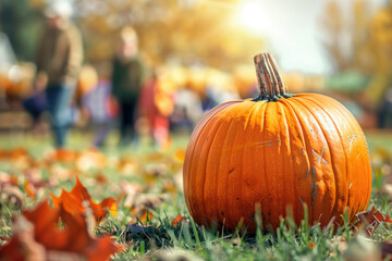 Close-up of vibrant orange pumpkin in a sunlit field with people in background. Seasonal decorations, fall harvest, outdoor autumn activities, festive gatherings, family events.