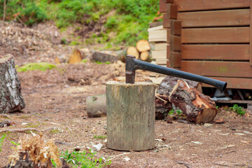 Axe in stump. Axe ready for cutting timber in Finland forest. Preparing firewood for the winter to heat the house