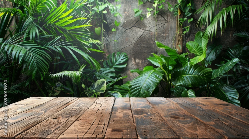 Aufkleber a wooden tabletop sits in front of a lush, green tropical jungle backdrop. sunlight filters through 