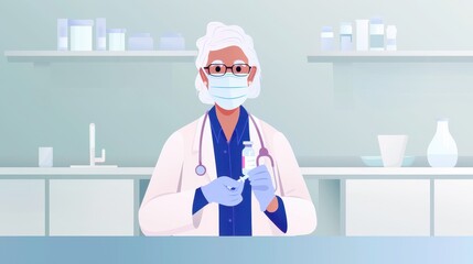 Fototapeta premium A doctor is holding a syringe and a bottle of medicine