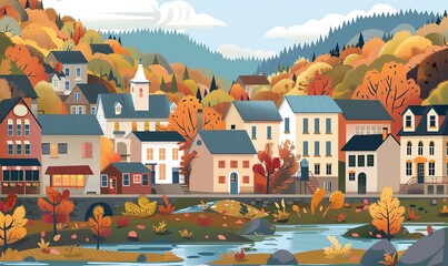 Naklejka premium Flat design illustration of a charming autumn village with colorful trees and a stream