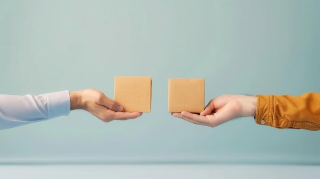 Hands exchanging a package with QR code, symbolizing seamless delivery and tracking, package exchange, modern delivery