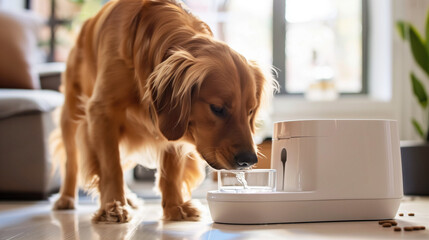 Golden Retriever drinking from modern pet water fountain in a well-lit home interior. Pet hydration, smart pet care, home technology, pet products, indoor pet environment.
