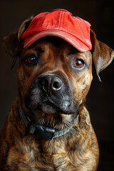 Obraz premium photo portrait d'un chien tacheté brun, regardant, casquette rouge, mignon, adorable, rigolo, drôle, collier, fond studio, uni, brun, marron